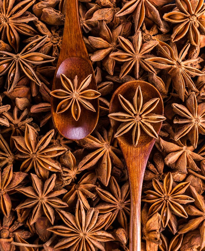 Aesthetic flat lay of star anise and wooden spoons, highlighting spice and culinary themes.